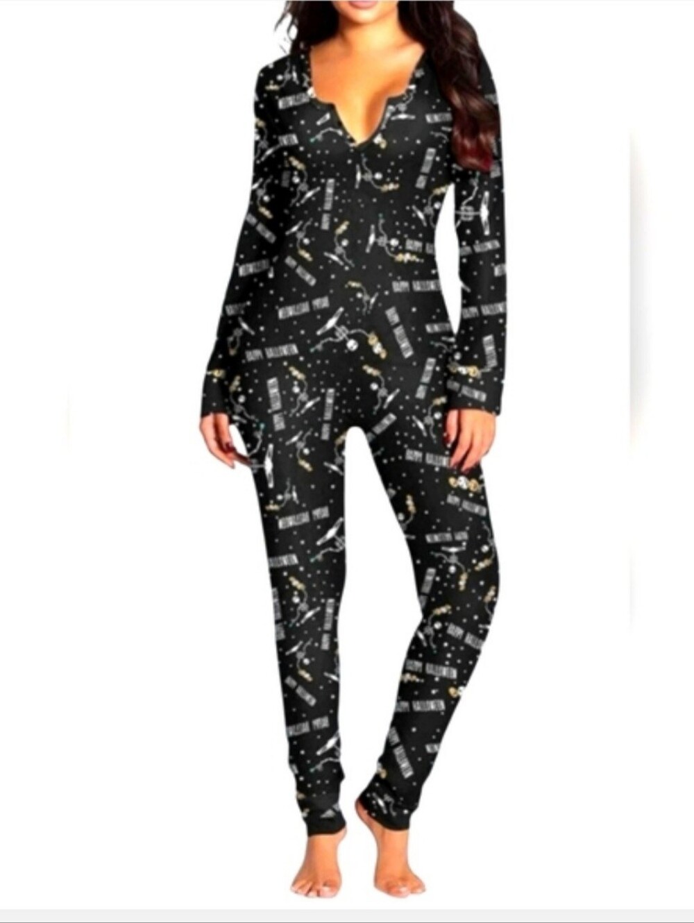 Halloween Womans Bodysuit With Headband Skeleton, Bats, Skulls, Or Pumpkins - Picture 6 of 6